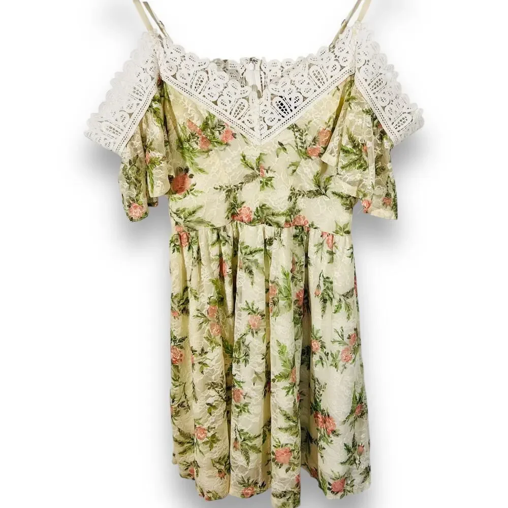 Disney Princess Aurora Dress Girls 7/8 Floral Lace Cold Shoulder Cottagecore